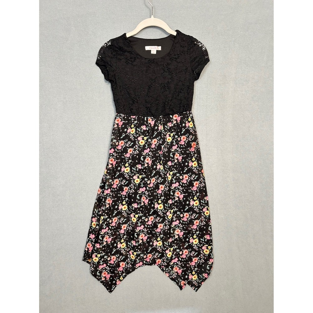 Xhilaration Girls Black Lace Floral Handkerchief Hem Dress Size M 7/8
